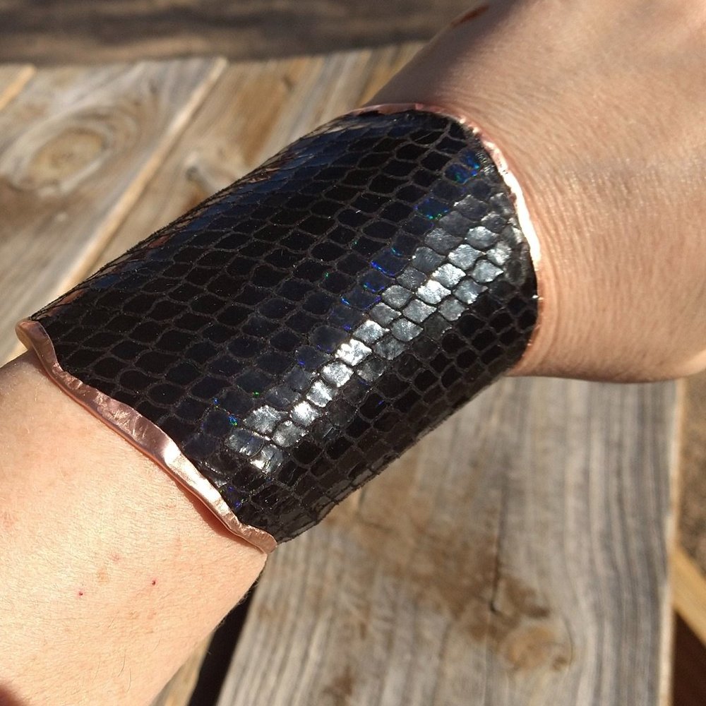 Mermaid Genuine Leather Copper Cuff Black Handmade Rustic Bohemian Scales